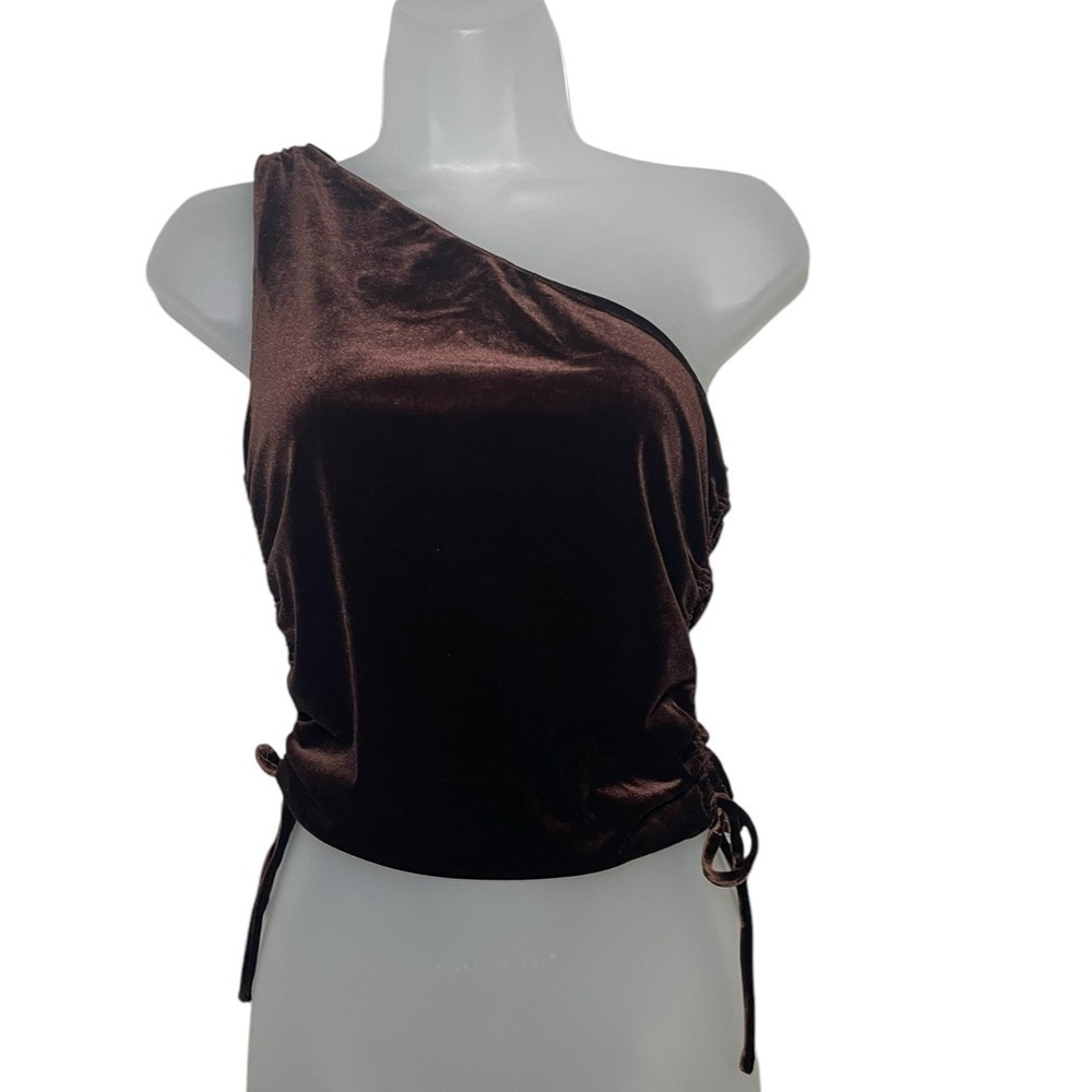 Amanda Uprichard Ania Brown Velvet One Shoulder Top XS Asymmetrical Ruched - Picture 3 of 8